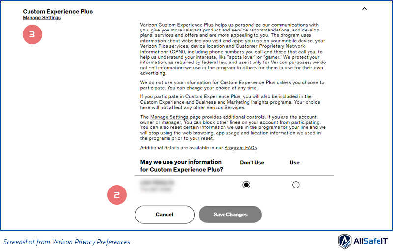 Select Don't Use to opt out of the Custom Experience Plus program