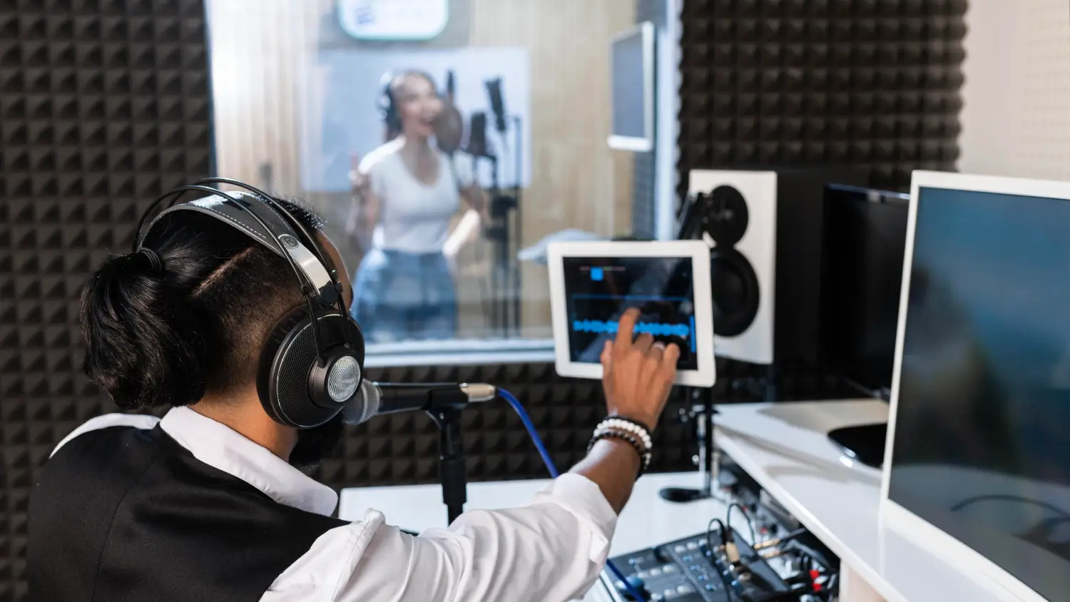 Young man recording woman singing radio station